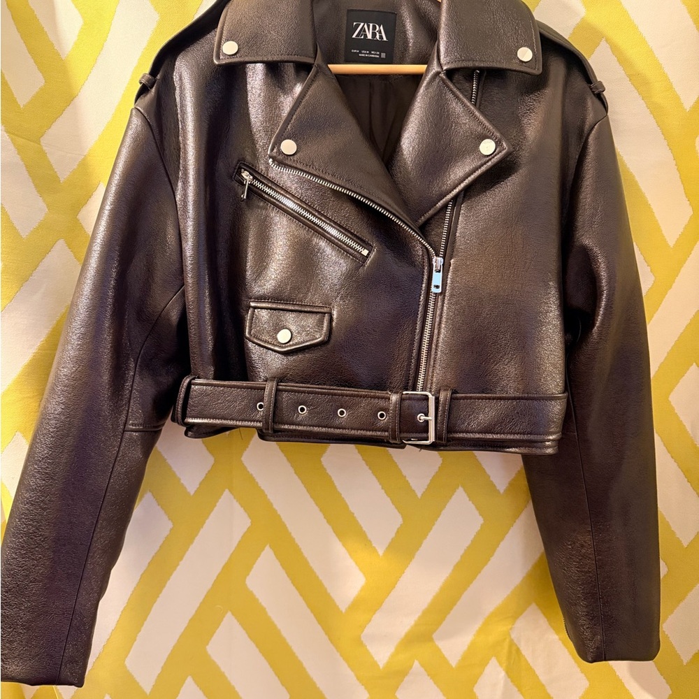 Zara Women's Chocolate Faux Leather Moto Jacket